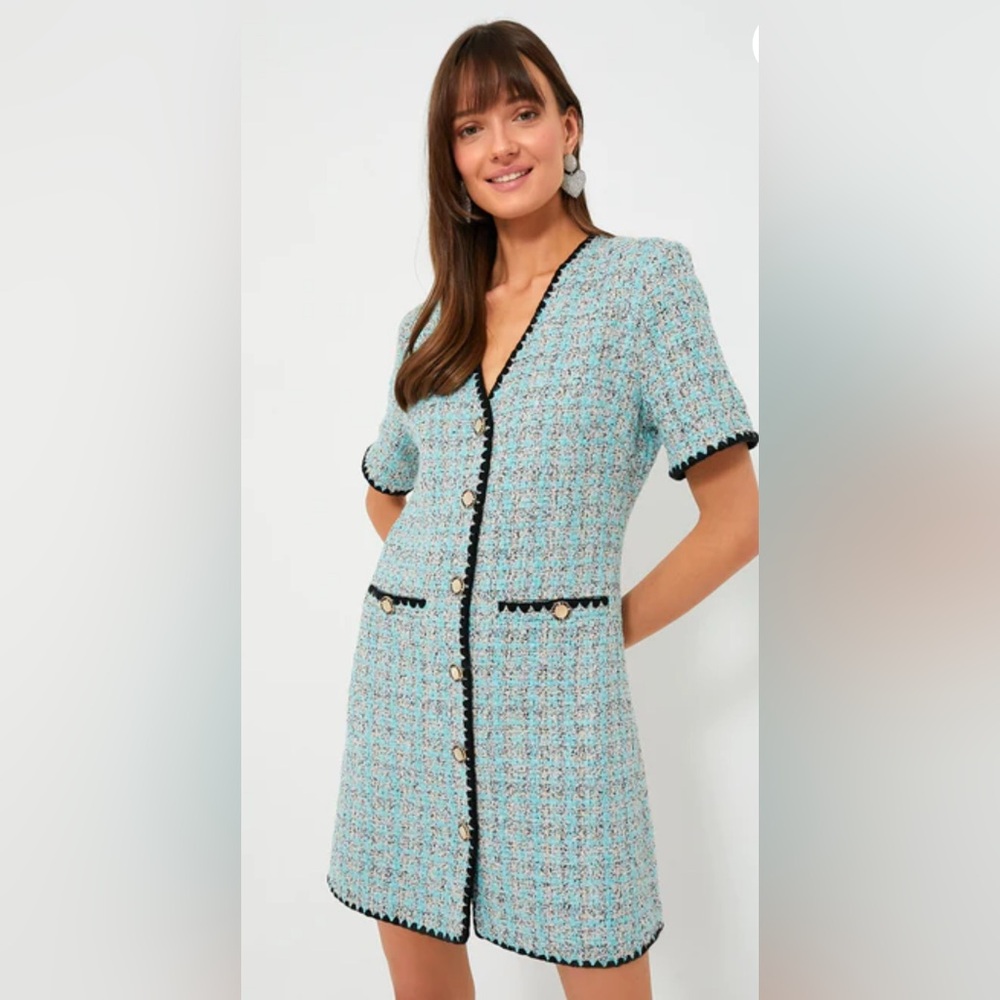 Tuckernuck Aqua Tweed Short-Sleeve Button Front Dress with Black Trim
